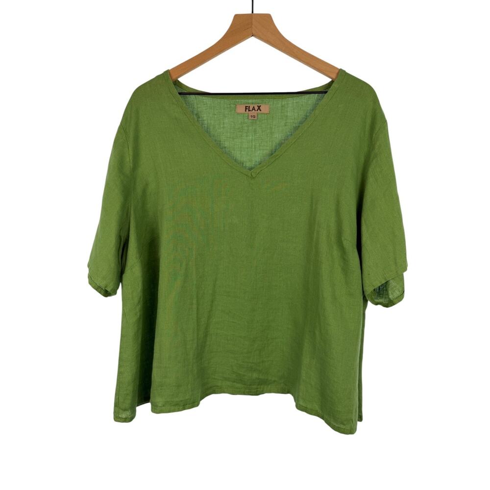 FLAX 100% Linen Blouse Top Womens Green Size 1G / 18-20 V-Neck Coastal Beachy